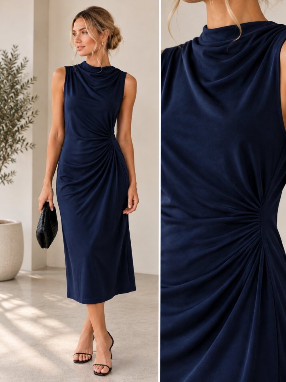 RACHEL ZOE Navy Blue Sleeveless Cowl Neck Ruched Midi Dress Size Large